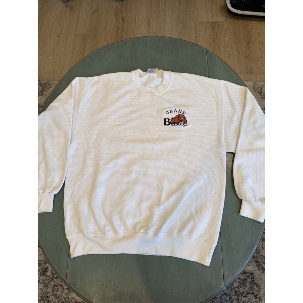 VTG 90s Jerzees Grant Bulldogs Ribbed Knit Sweatshirt Large White‎ Made USA